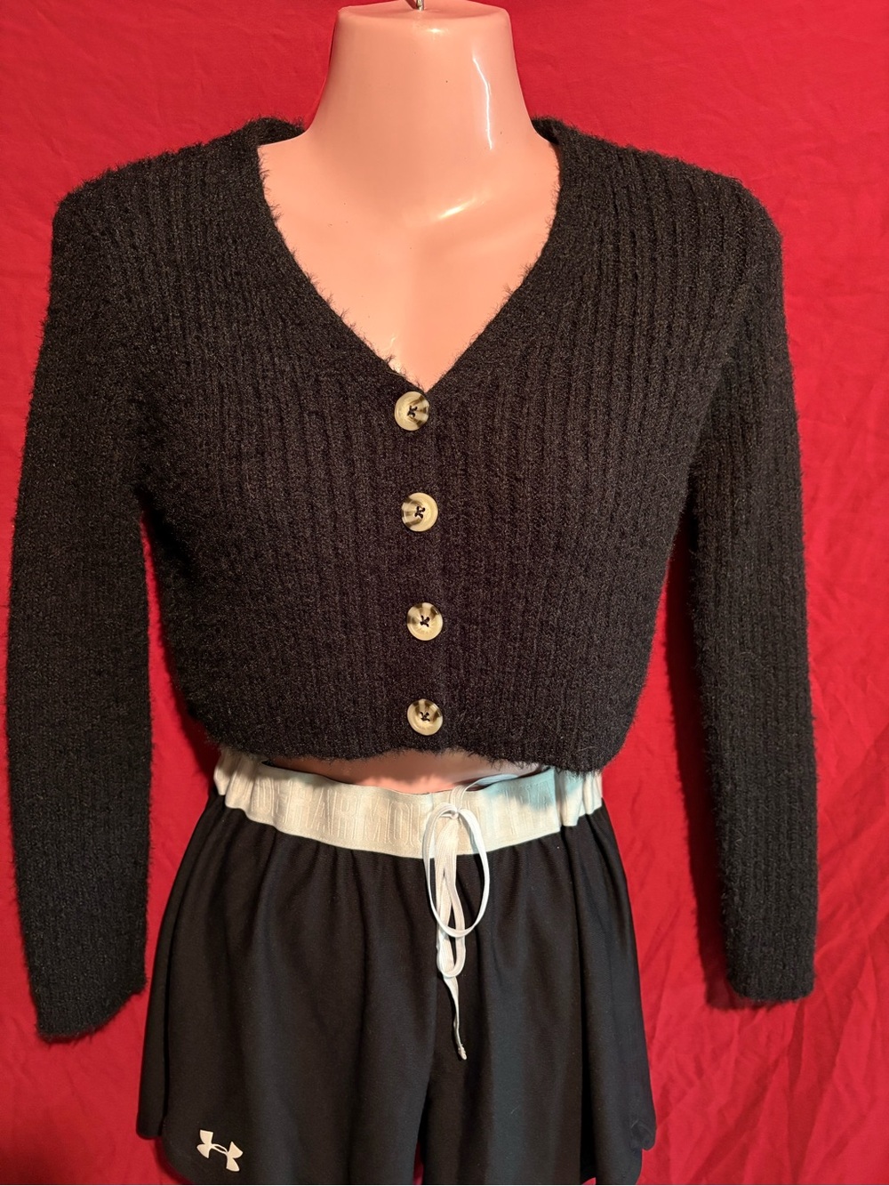 art class Black Cropped V-Neck Button Cardigan